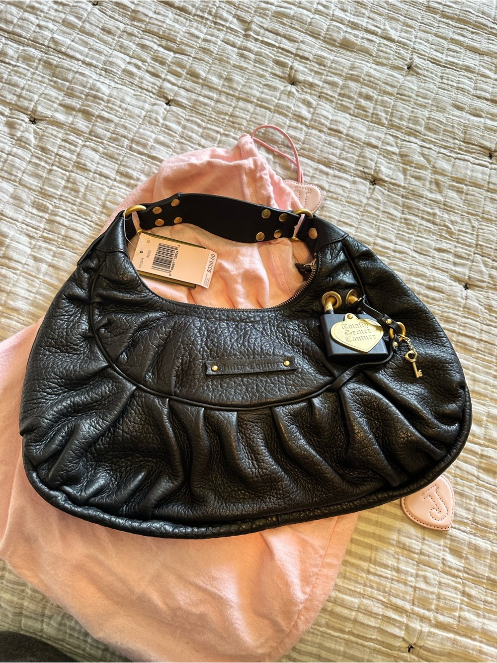 Juicy Couture Black Pebbled Leather Hobo with Gold Hardware Charm
